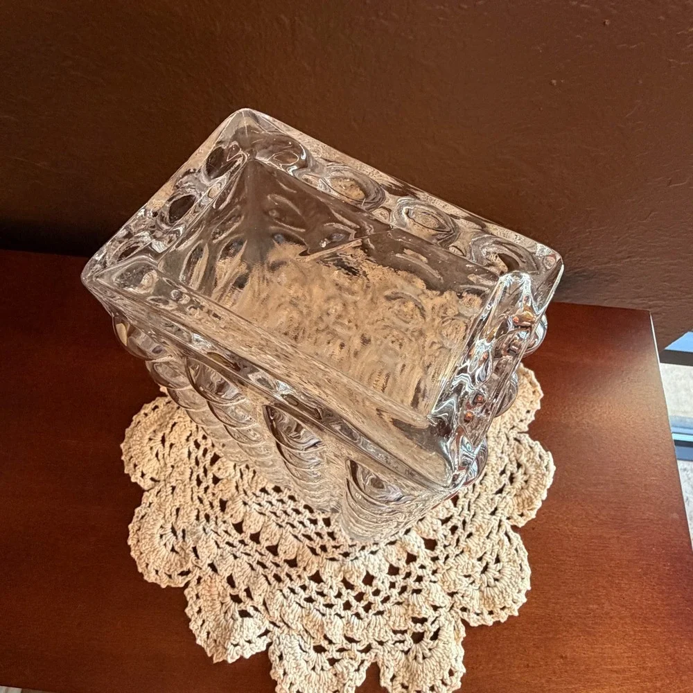 Vintage Rectangular Clear Glass Hobnail Bubble Texture Vase 8 Inch Tall MCM